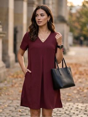 UNIQLO Burgundy V-Neck Pleated Trapeze Dress Small Wine Red Mini shift pockets